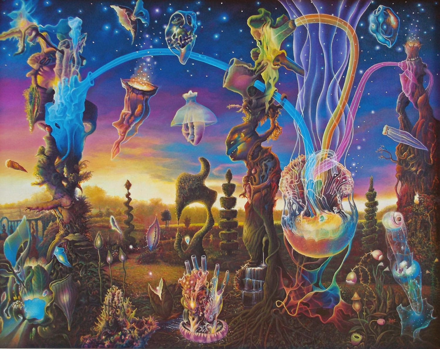 Dreamlike dawn landscape with floating figures