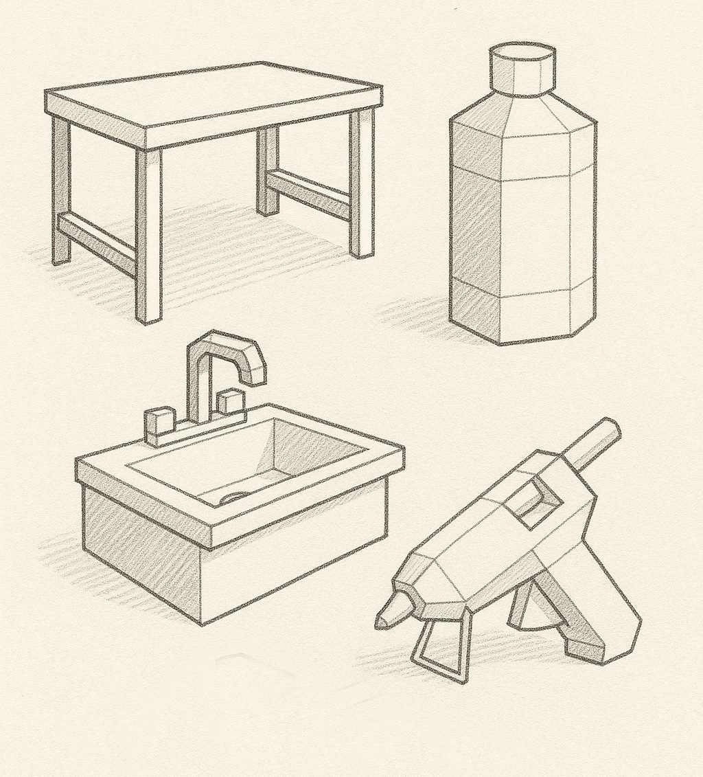 Set of art classroom objects simplified into geometric shapes