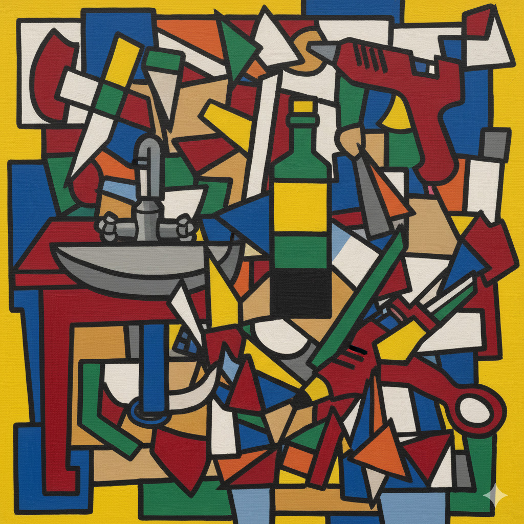 Cubist interpretation combining art classroom objects