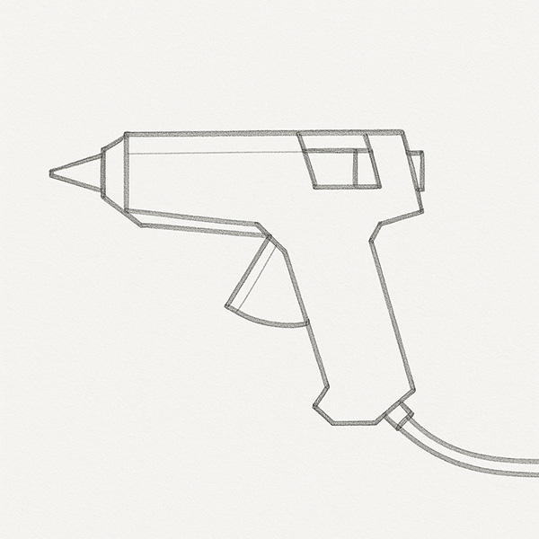 Drawing of a hot glue gun broken into geometric parts