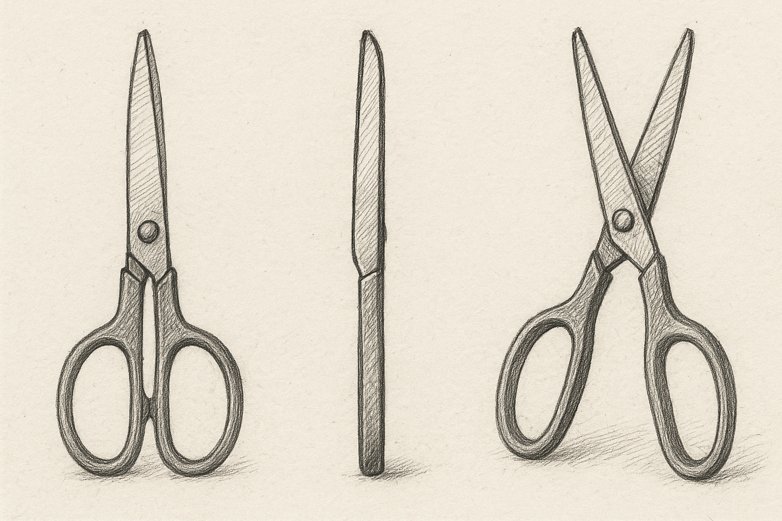 Four quick drawings of scissors from different viewpoints